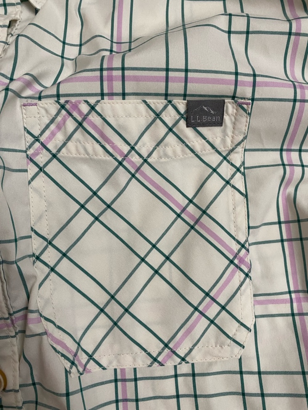 L.L. Bean Cream Plaid Button-Down Shirt with Green and Purple Lines - Picture 3 of 9